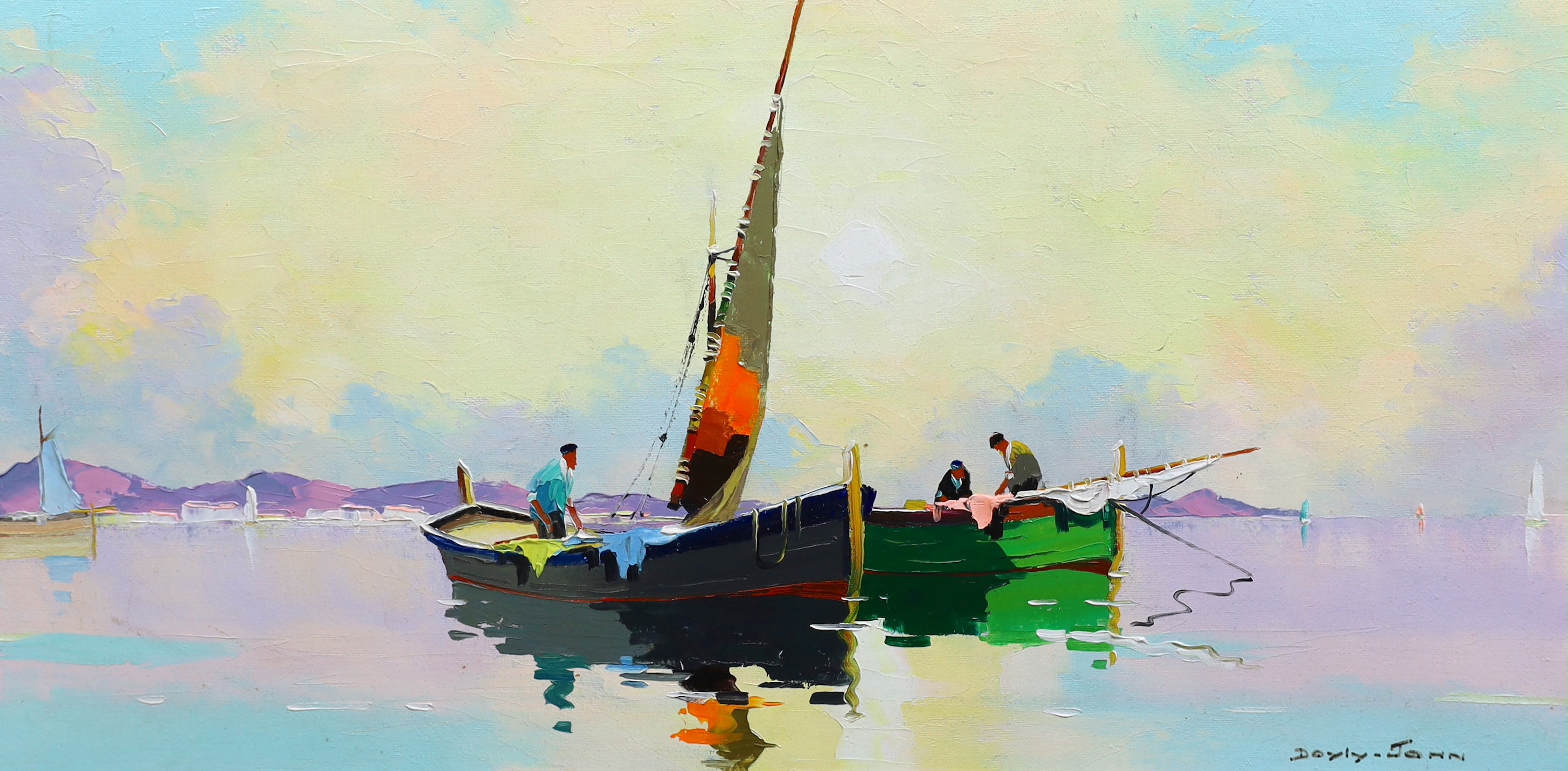 Cecil Rochfort D'Oyly John (English, 1906-1993), 'Dawn fishermen off French coast near St. Tropez, South of France', oil on canvas, 34 x 70cm